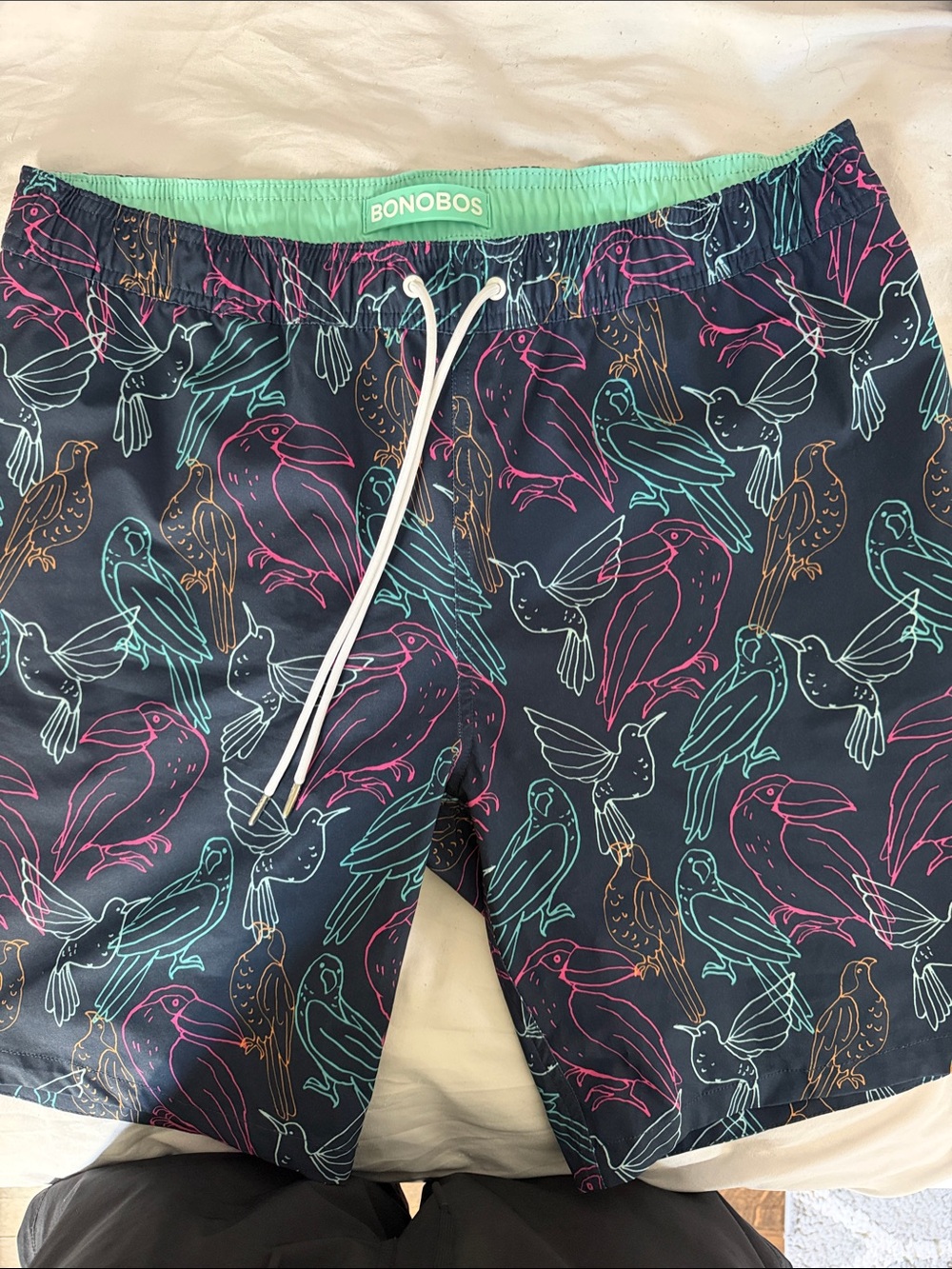 Bonobos Size M Navy Swim Shorts with Teal, Pink & Gold Bird Outline Print